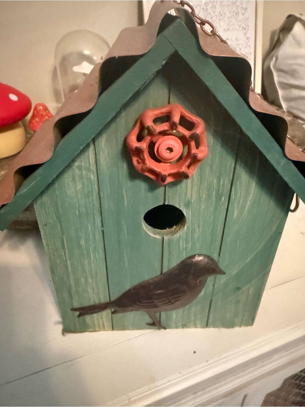 Green Wooden Birdhouse with Copper Roof Accent - Picture 4 of 4